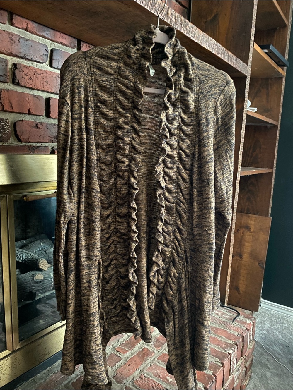 Emerald Brown Ruffle-Front Open Cardigan